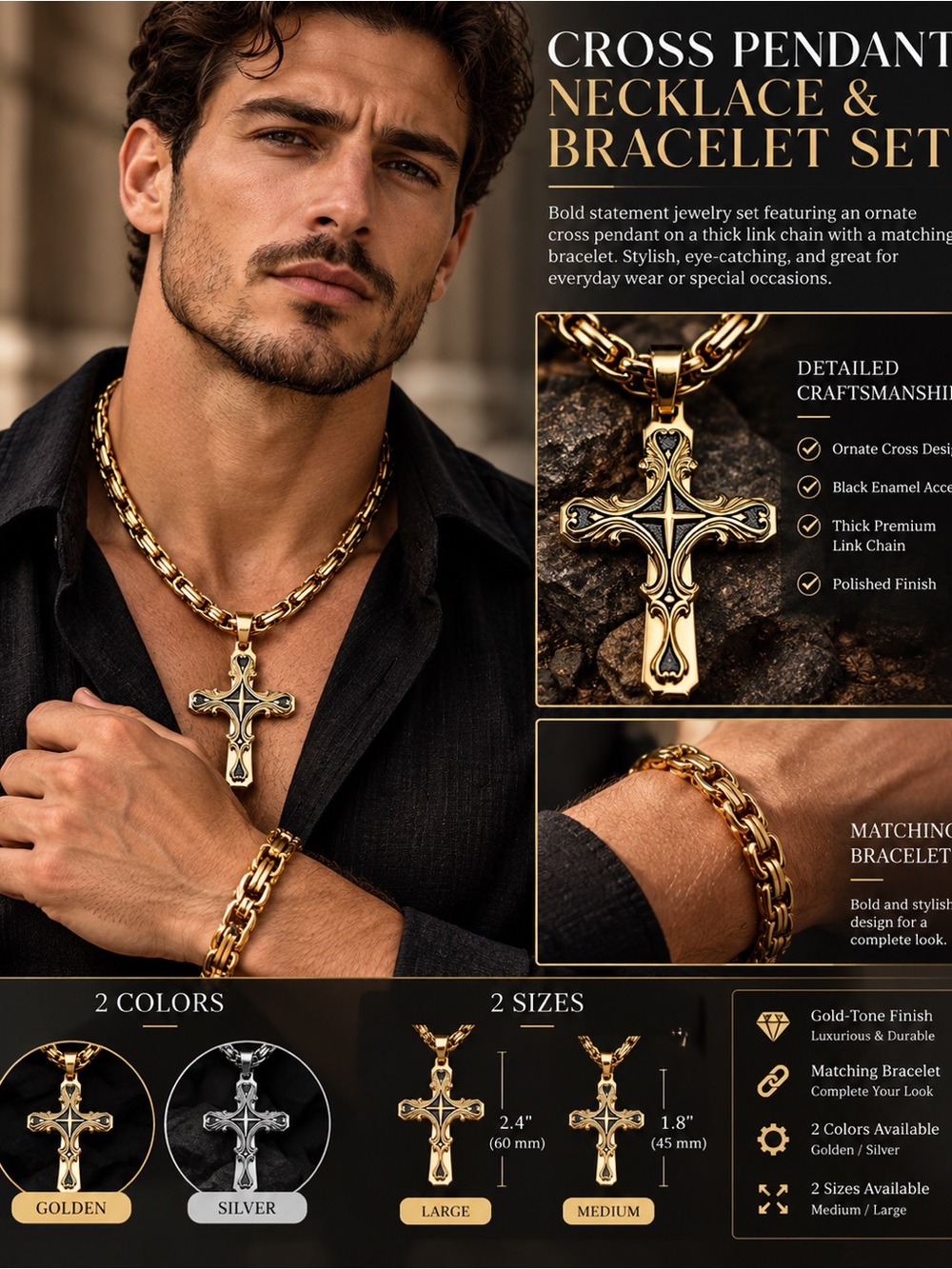 2PC Cross Gold-Tone Ornate Cross Pendant Necklace & Bracelet Set